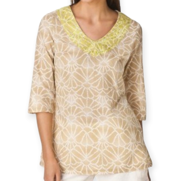2/$20 Calypso St Barth tan & green embroidered tunic blouse top Womens Large - Picture 1 of 8